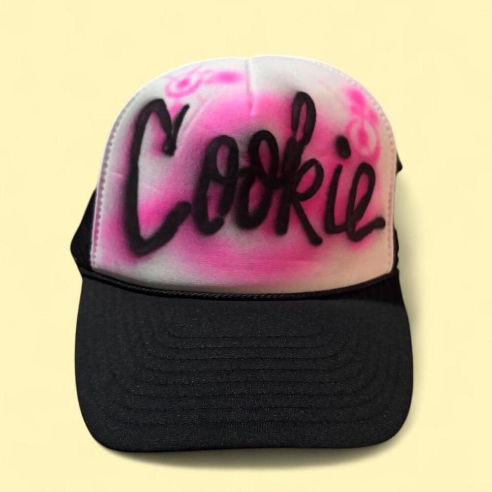 Y2K trucker hat pink and black with Cookie black cursive